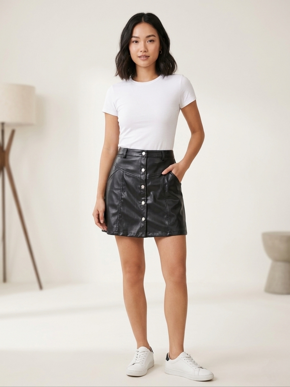Faux Leather Black Button-Front Mini Skirt